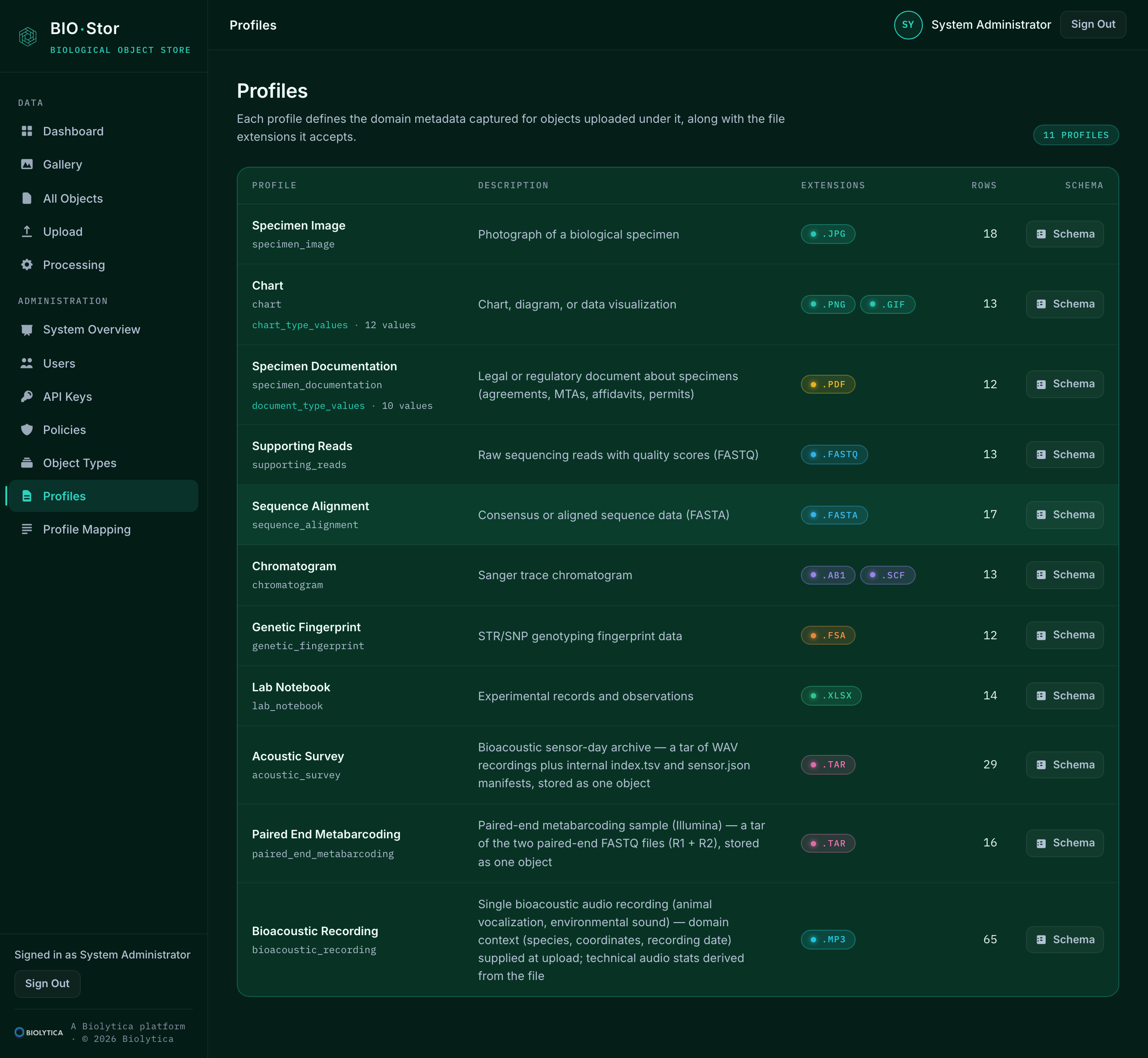 BIO·Stor admin profiles page listing the twenty-one registered profiles with their accepted extensions and row counts